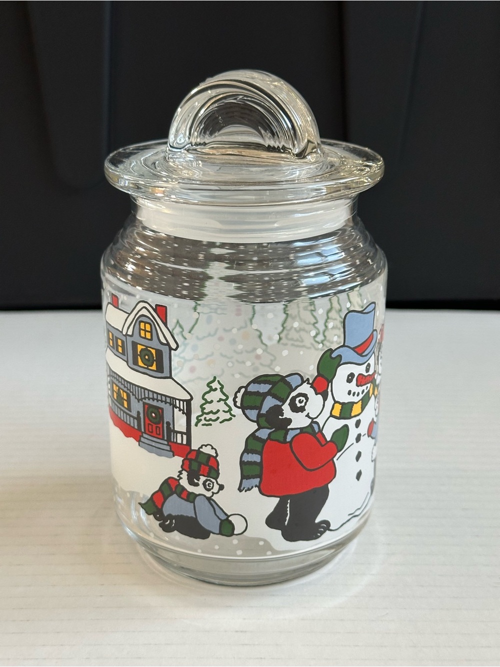 Christmas Clear Glass Snowman Candy Jar Canister w/ Lid 1 Qt ADGI 1993